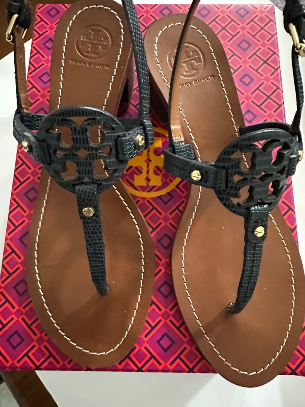 Tory Burch Black Logo Thong Sandals with Brown Footbed and Gold Accents
